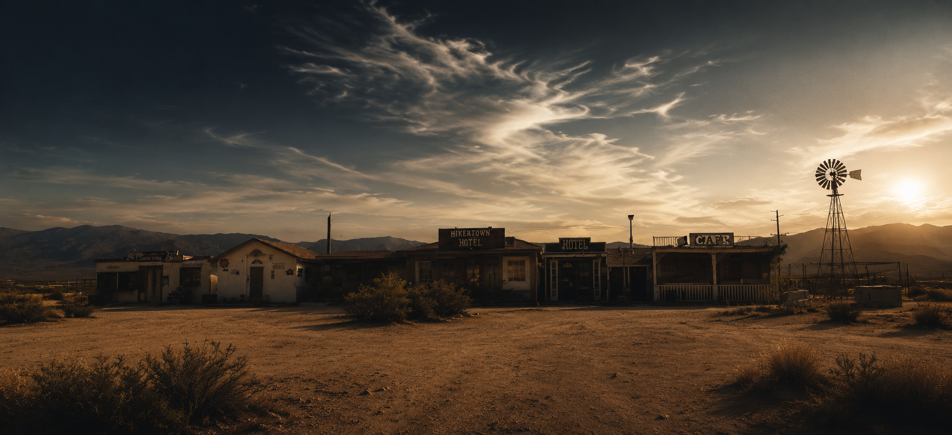 Hikertown at sunset — the hotel, cafe, and windmill on the edge of the Mojave desert
