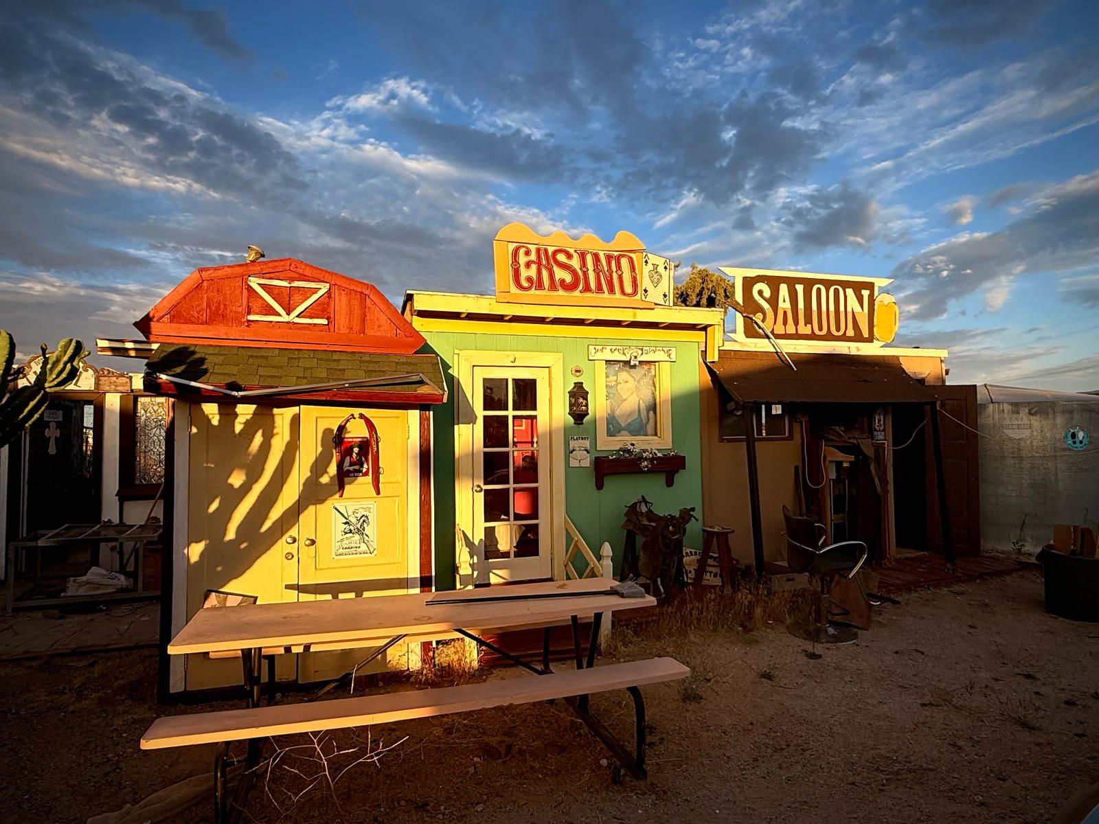 The casino and saloon fronts catching the last of the sun