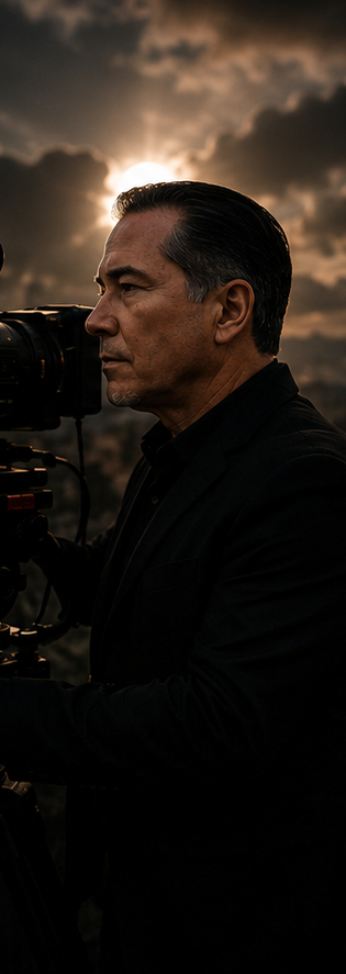 Scott Chávez behind a cinema camera at dusk