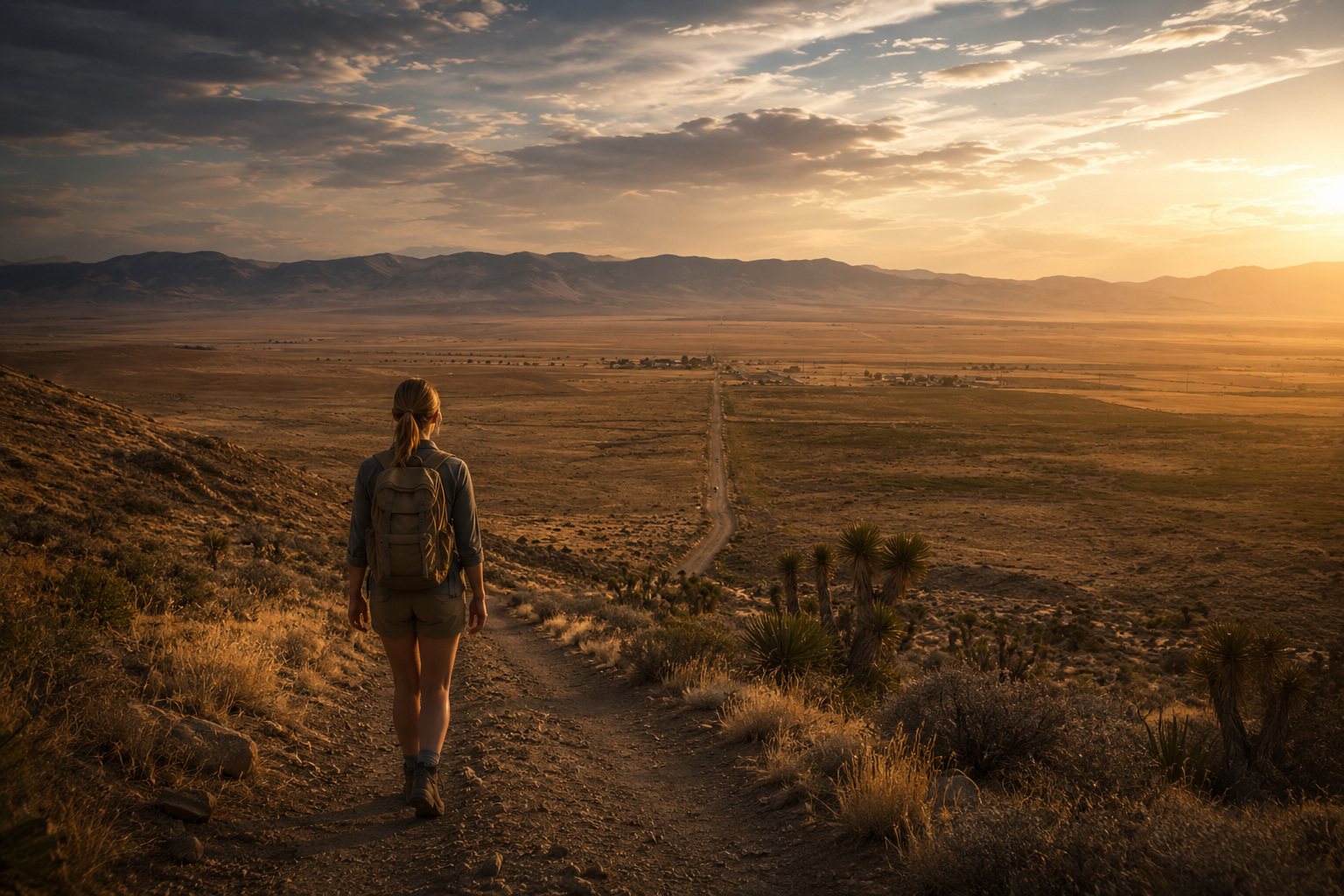 A lone hiker walking the trail toward Hikertown at sunset