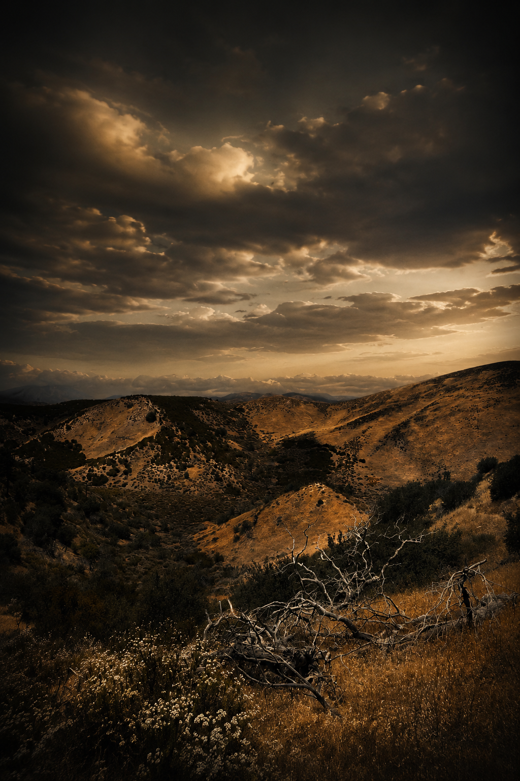 Storm light over the golden hills of the Mojave at dusk, the trail fading into shadow