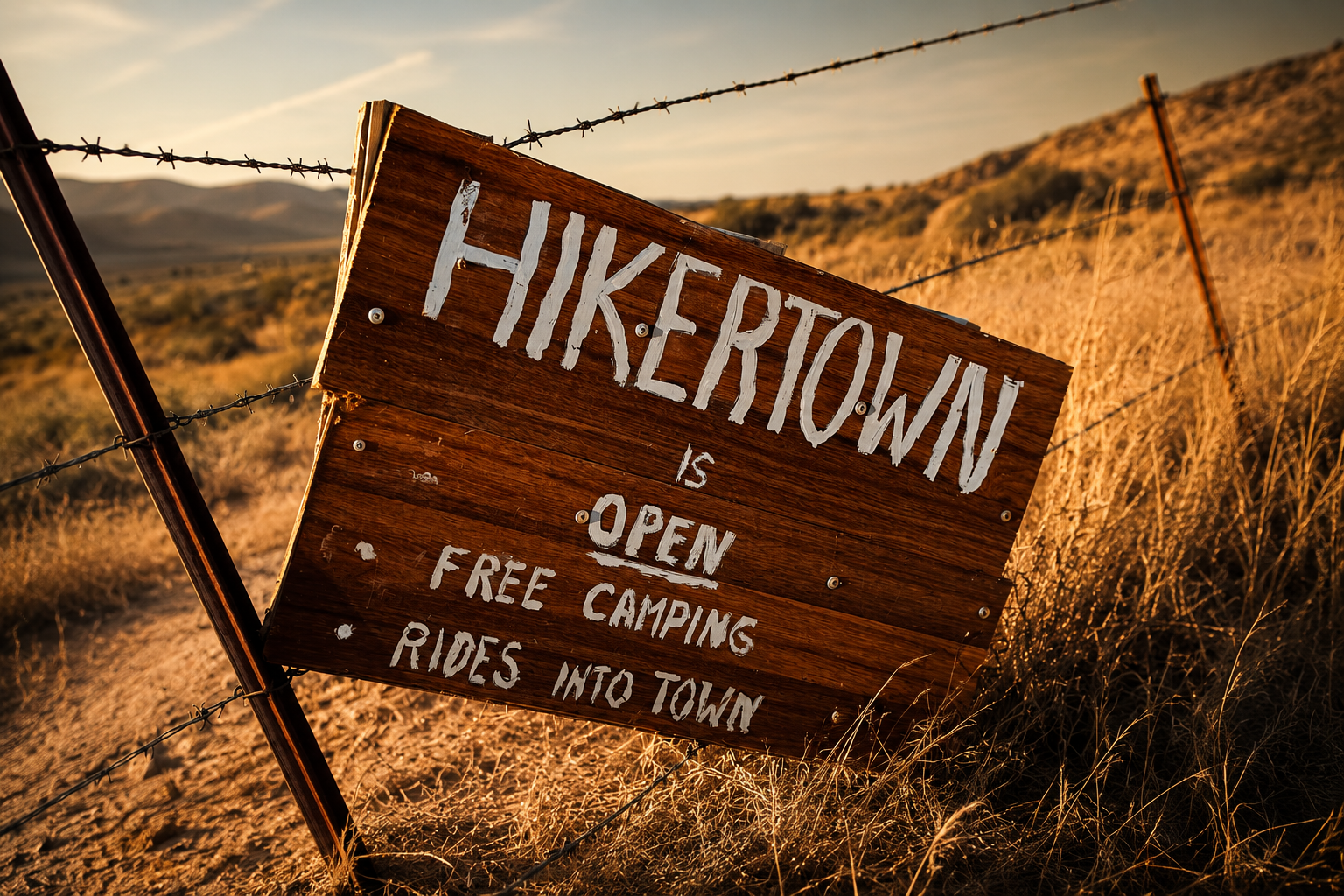 The hand-painted Hikertown sign on a barbed-wire fence, golden desert hills behind it at sundown