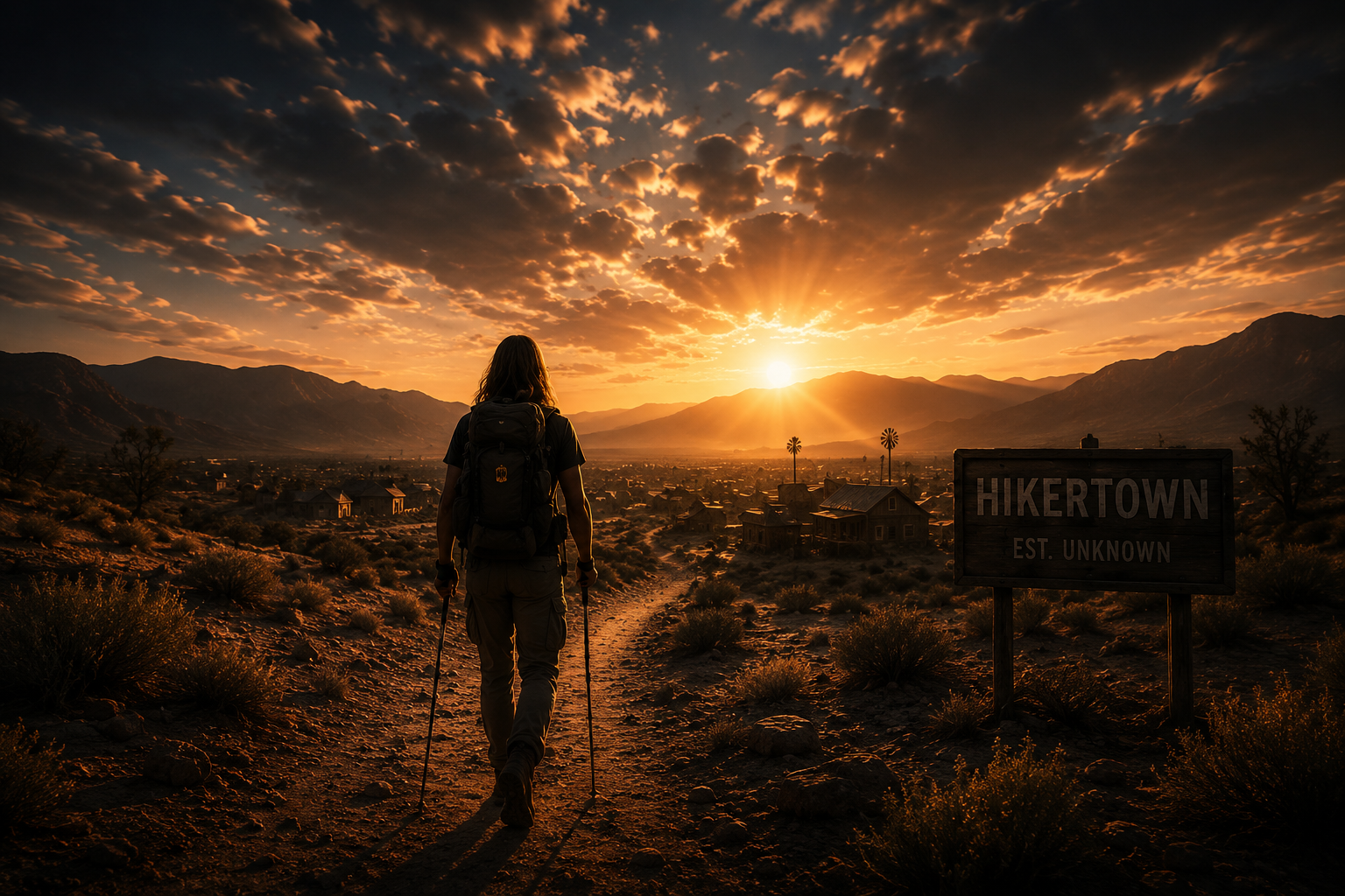 A lone hiker walking the trail toward Hikertown at sunset