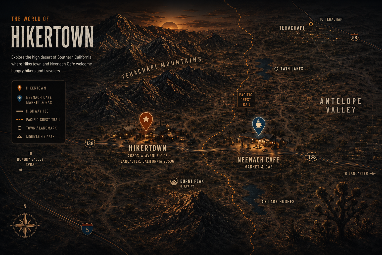 An illustrated night map of the Hikertown valley: the lamplit town and Neenach Cafe on Highway 138, the Pacific Crest Trail winding past, the Tehachapi Mountains at the horizon